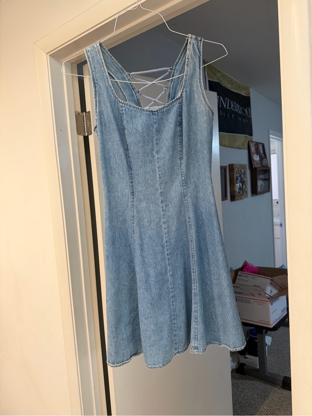Vintage Light Blue Denim Mini Dress with Lace-Up Back